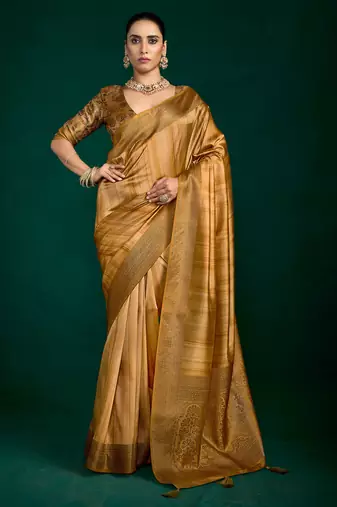 bronze gold color beautiful tussar silk blend fabric sophisticated woven designer saree