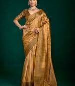 bronze gold color beautiful tussar silk blend fabric sophisticated woven saree