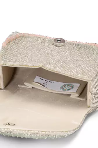 blush & bead silver & pastel multi crystal layered velvet clutch