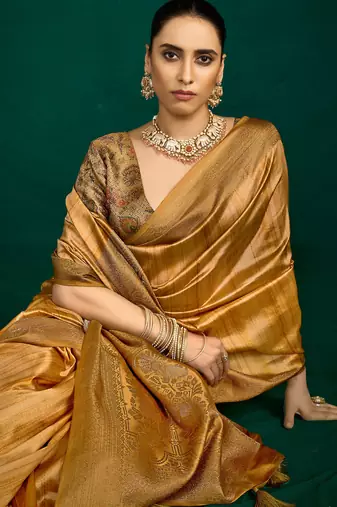 bronze gold tussar silk blend sophisticated woven saree