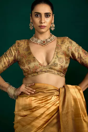 bronze gold tussar silk blend sophisticated woven saree