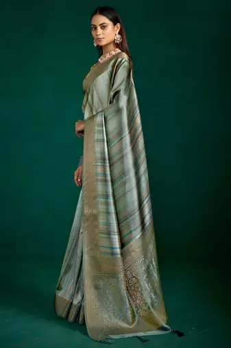 green grey color beautiful tussar silk blend fabric sophisticated woven designer saree