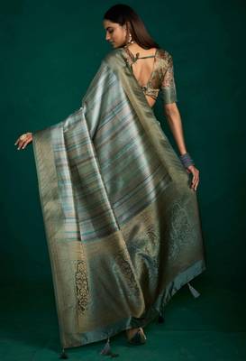 green grey tussar silk blend sophisticated woven saree 2