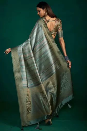 green grey tussar silk blend sophisticated woven saree