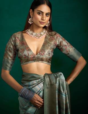 green grey tussar silk blend sophisticated woven saree 4