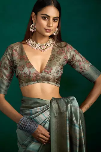green grey tussar silk blend sophisticated woven saree