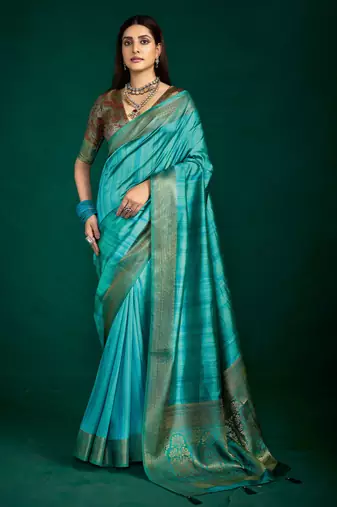 firozi color beautiful tussar silk blend fabric sophisticated woven designer saree