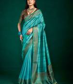 firozi color beautiful tussar silk blend fabric sophisticated woven saree