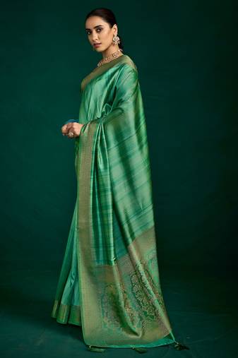 sea green color beautiful tussar silk blend fabric sophisticated woven designer saree