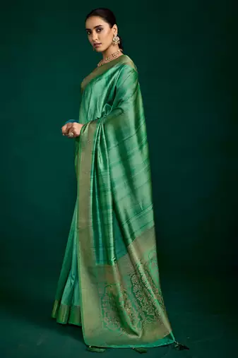 sea green color beautiful tussar silk blend fabric sophisticated woven designer saree