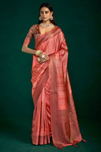 rust color beautiful tussar silk blend fabric sophisticated woven designer saree