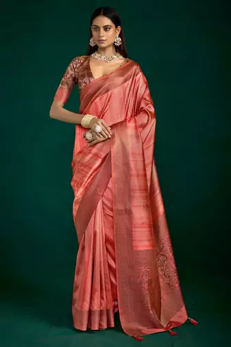 rust color beautiful tussar silk blend fabric sophisticated woven designer saree