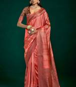 rust color beautiful tussar silk blend fabric sophisticated woven saree
