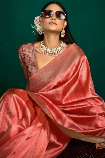 rust tussar silk blend sophisticated woven saree