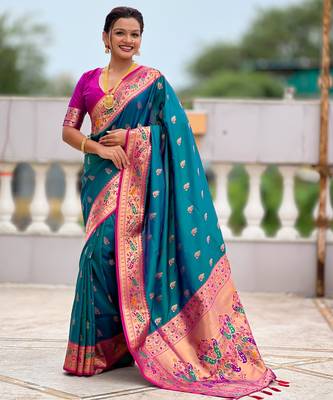 woven meenakari jacquard rama paithani silk blend saree 1