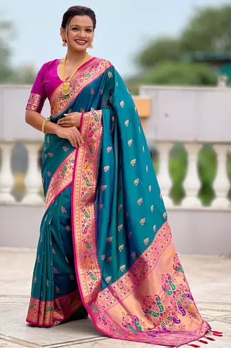 woven meenakari jacquard designer rama color paithani silk blend saree