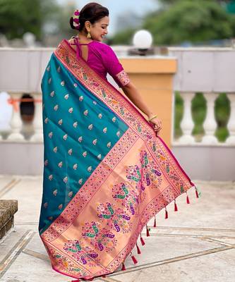 woven meenakari jacquard rama paithani silk blend saree 2