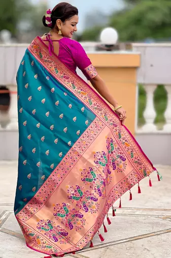 woven meenakari jacquard rama paithani silk blend saree