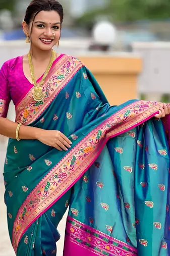 woven meenakari jacquard rama paithani silk blend saree