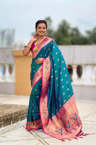 woven meenakari jacquard rama paithani silk blend saree