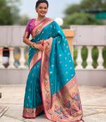 woven meenakari jacquard firozi color paithani silk blend saree