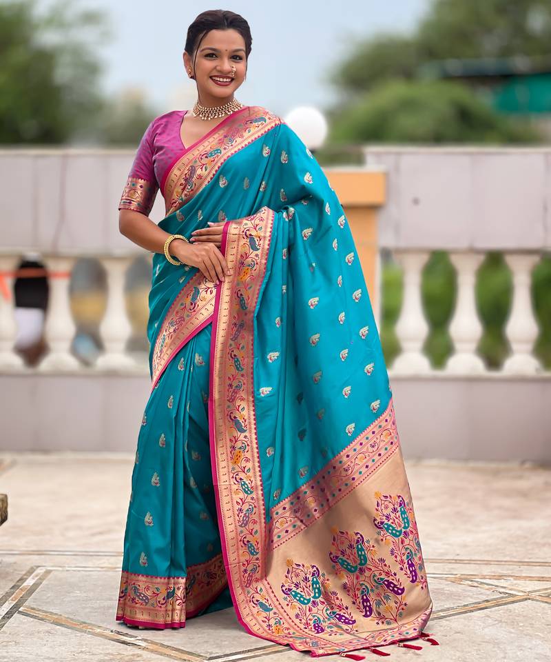 woven meenakari jacquard designer firozi color paithani silk blend saree