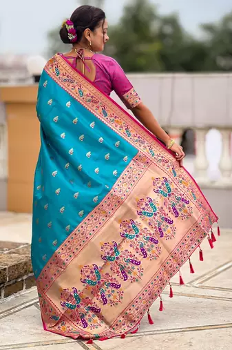 woven meenakari jacquard firozi paithani silk blend saree