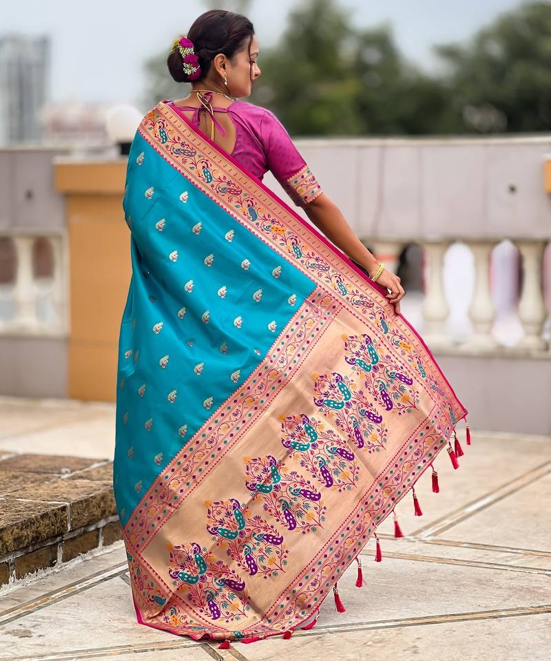 woven meenakari jacquard designer firozi color paithani silk blend saree