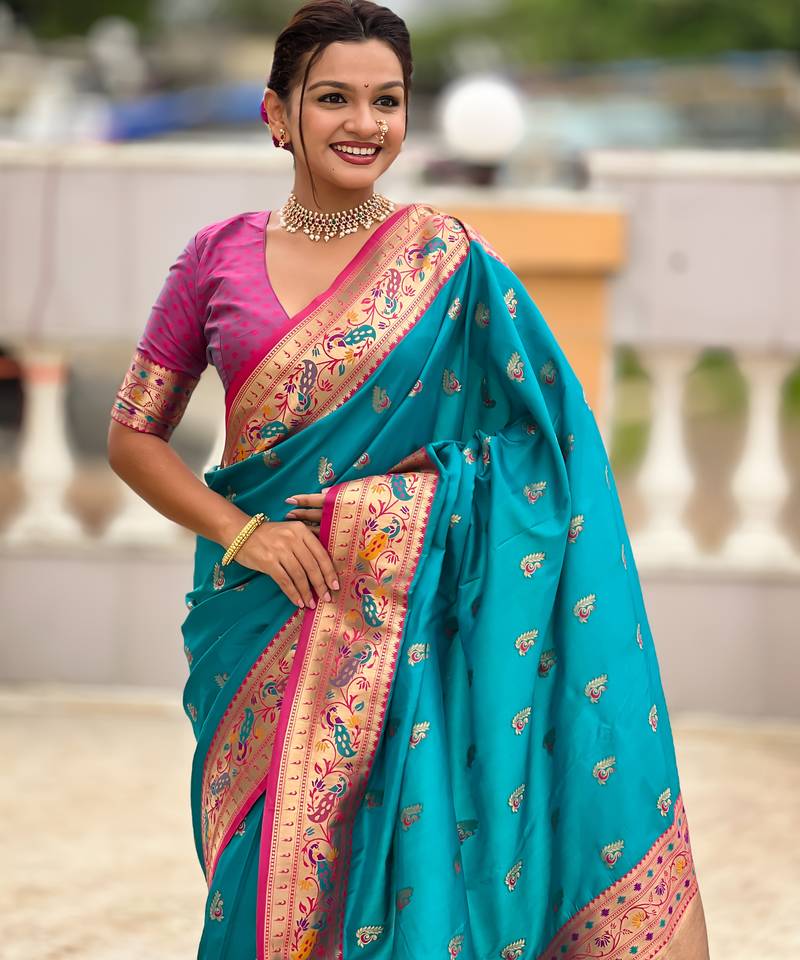 woven meenakari jacquard designer firozi color paithani silk blend saree