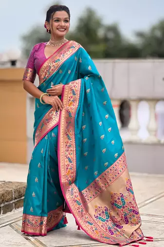 woven meenakari jacquard firozi paithani silk blend saree