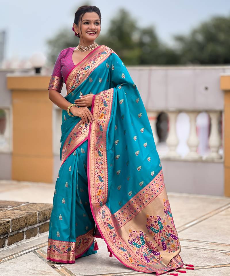 woven meenakari jacquard designer firozi color paithani silk blend saree