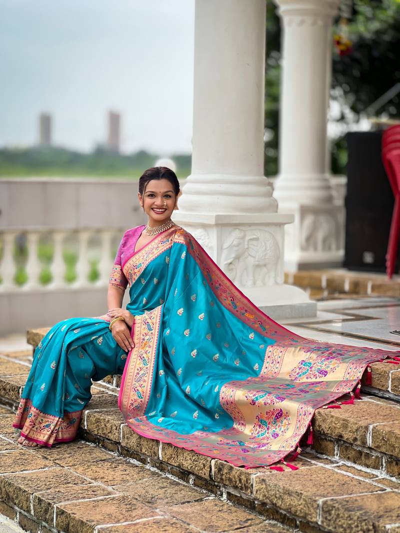 woven meenakari jacquard designer firozi color paithani silk blend saree