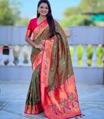 woven meenakari jacquard mahendi color paithani silk blend saree