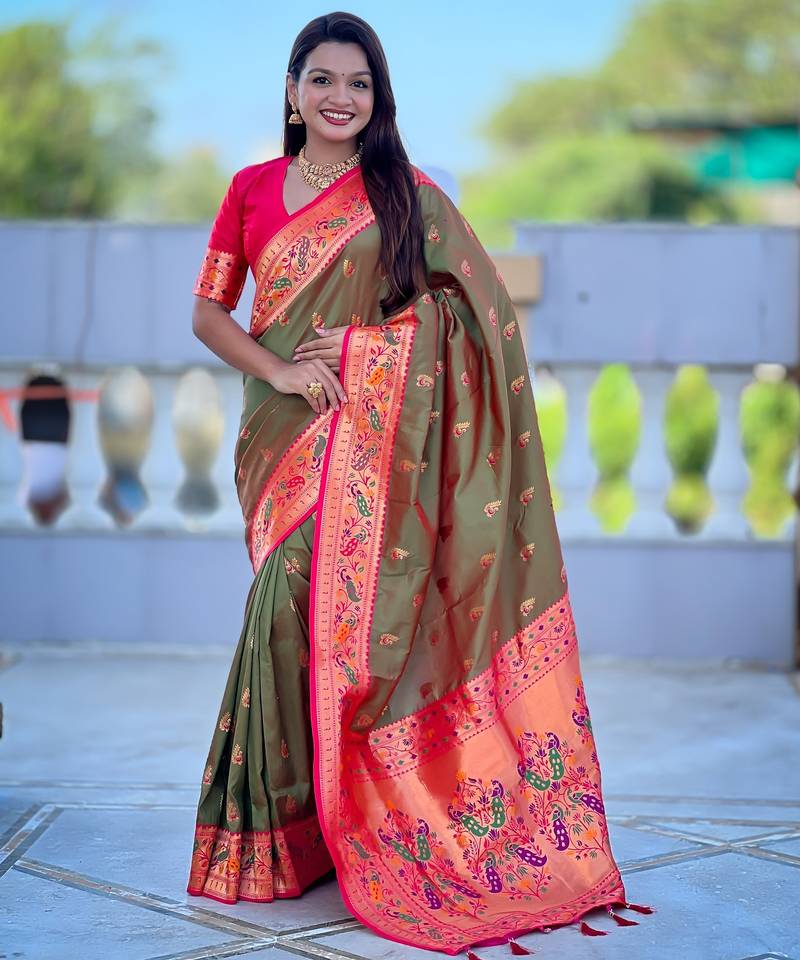 woven meenakari jacquard designer mahendi color paithani silk blend saree