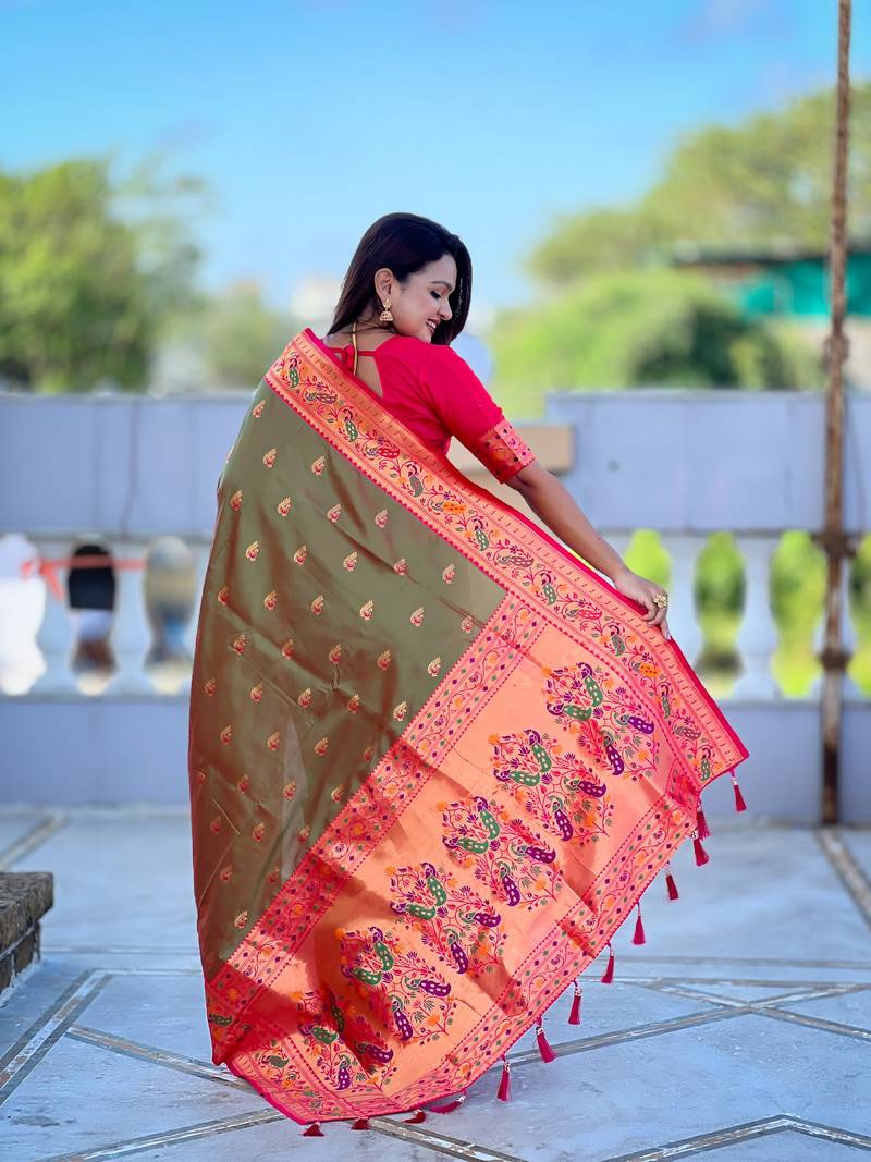 woven meenakari jacquard designer mahendi color paithani silk blend saree