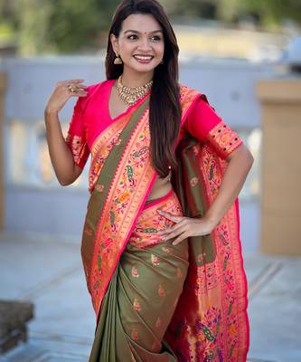 woven meenakari jacquard mahendi paithani silk blend saree 3