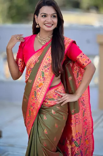woven meenakari jacquard mahendi paithani silk blend saree