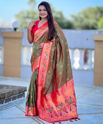 woven meenakari jacquard mahendi paithani silk blend saree 4