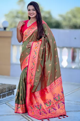 woven meenakari jacquard mahendi paithani silk blend saree