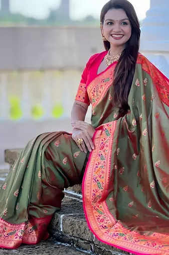 woven meenakari jacquard mahendi paithani silk blend saree