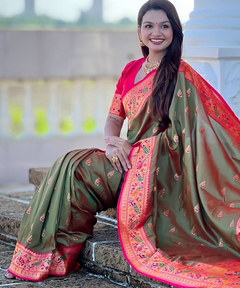 woven meenakari jacquard designer mahendi color paithani silk blend saree