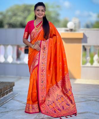woven meenakari jacquard orange paithani silk blend saree 1