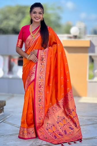 woven meenakari jacquard designer orange color paithani silk blend saree