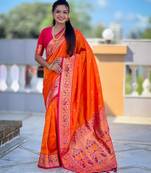 woven meenakari jacquard orange color paithani silk blend saree