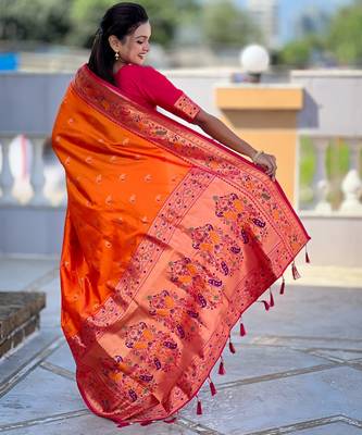 woven meenakari jacquard orange paithani silk blend saree 2