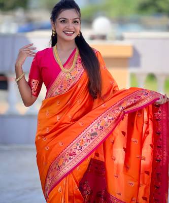 woven meenakari jacquard orange paithani silk blend saree 3