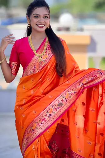 woven meenakari jacquard orange paithani silk blend saree