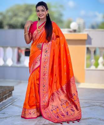woven meenakari jacquard orange paithani silk blend saree 4
