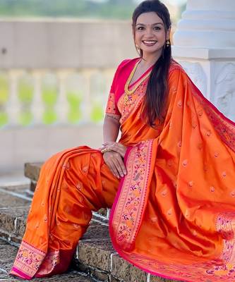woven meenakari jacquard orange paithani silk blend saree 5