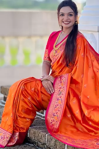 woven meenakari jacquard orange paithani silk blend saree